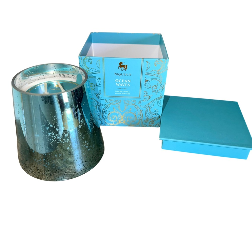 NIQUEA.D Ocean Waves Scented 2 Wick Candle Blue Mercury Glass Luxury Gift NEW